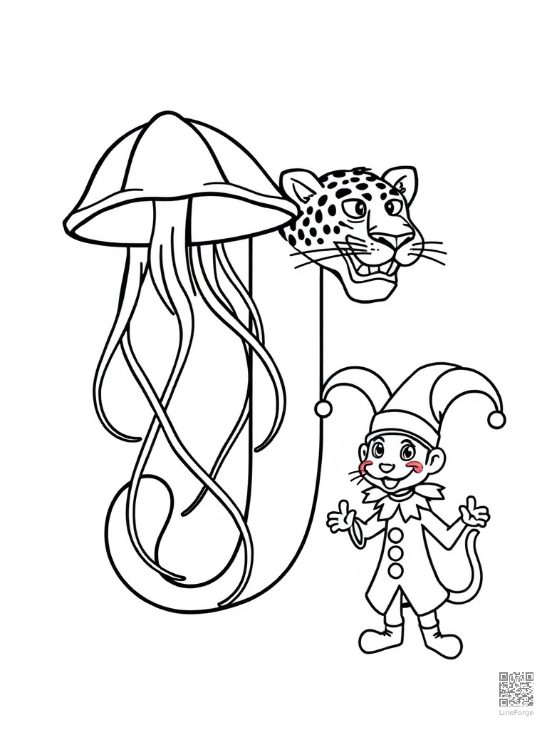 Letter J with jellyfish jaguar and jester coloring page Contour style - free printable