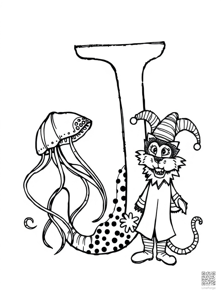 Letter J with jellyfish jaguar and jester coloring page Crosshatch style - free printable