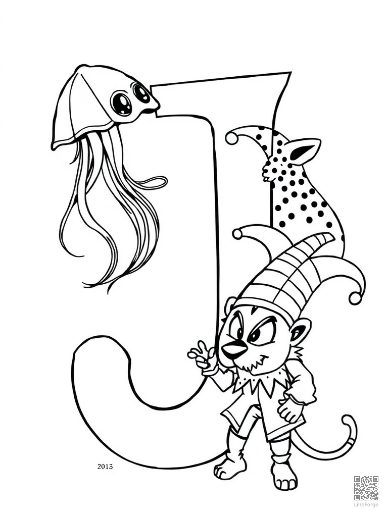 Letter J with jellyfish jaguar and jester coloring page Manga style - free printable