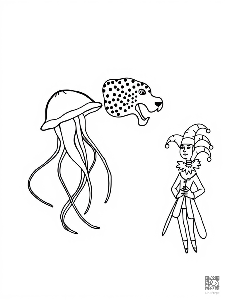 Letter J with jellyfish jaguar and jester coloring page Minimal style - free printable