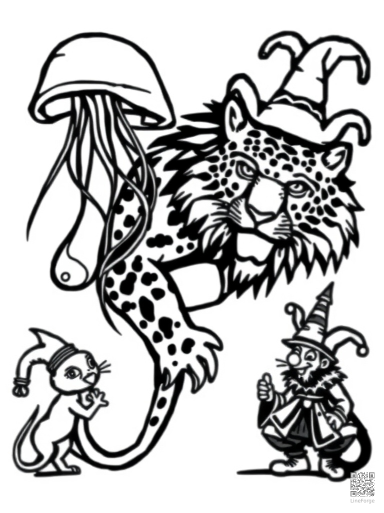 Letter J with jellyfish jaguar and jester coloring page Woodcut style - free printable
