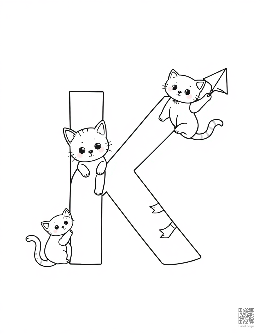 letter K decorated with kittens and kites coloring page Contour style - free printable