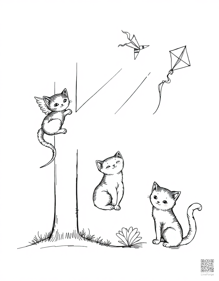 letter K decorated with kittens and kites coloring page Crosshatch style - free printable