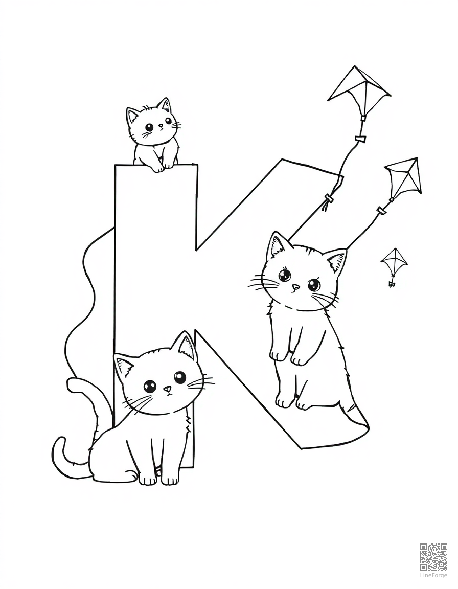 letter K decorated with kittens and kites coloring page Manga style - free printable