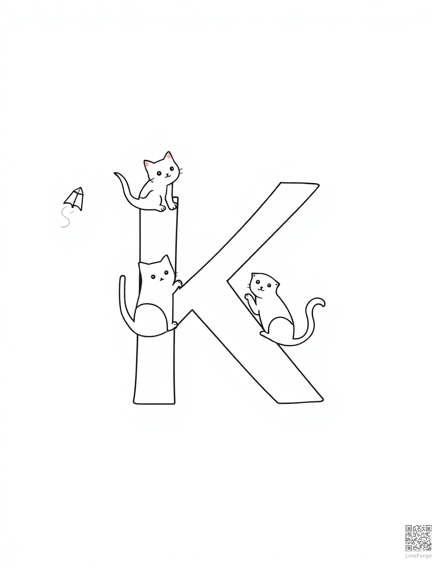 letter K decorated with kittens and kites coloring page Minimal style - free printable