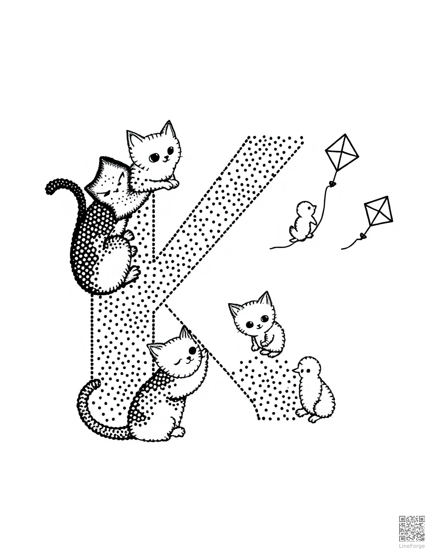 letter K decorated with kittens and kites coloring page Stipple style - free printable