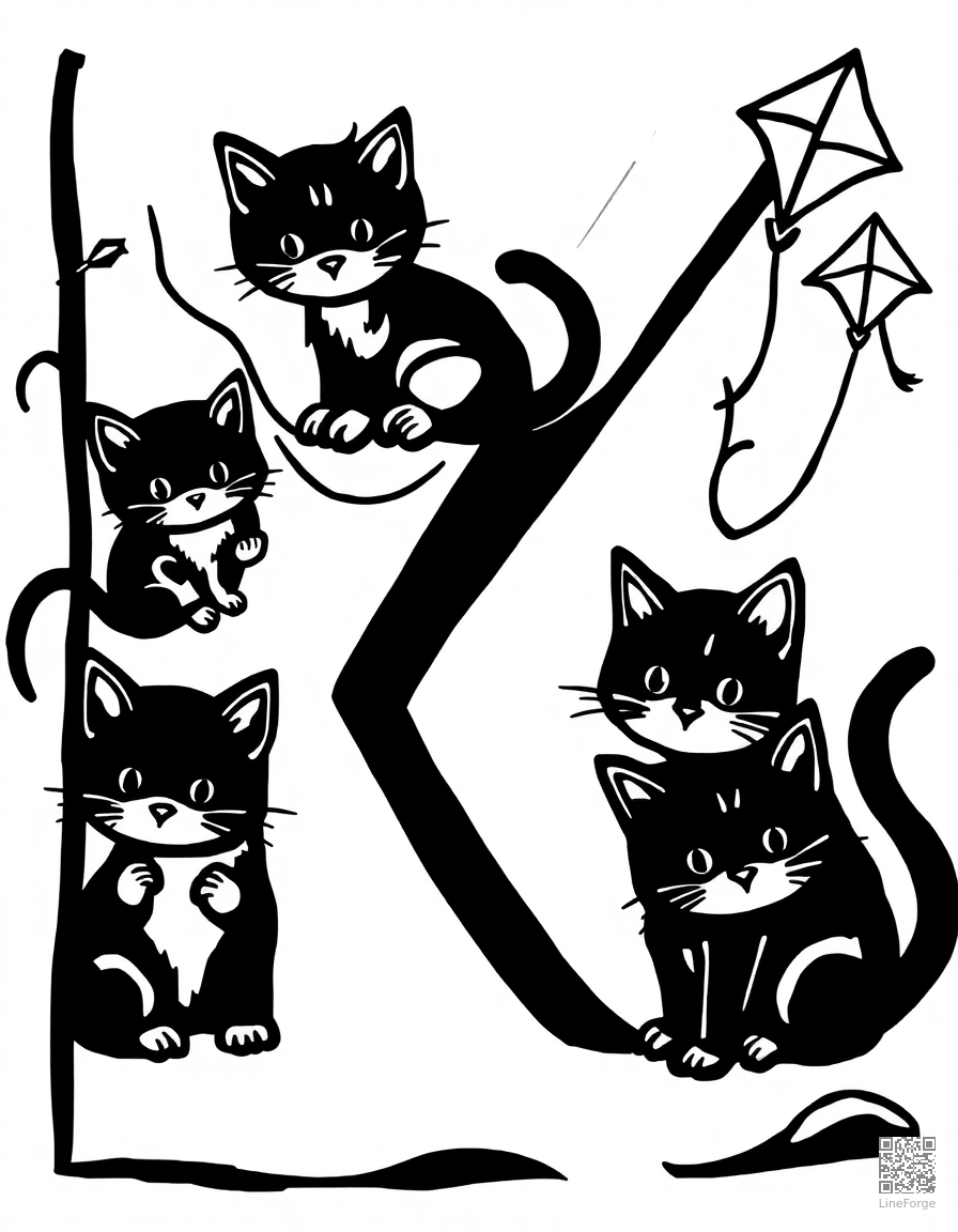 letter K decorated with kittens and kites coloring page Woodcut style - free printable