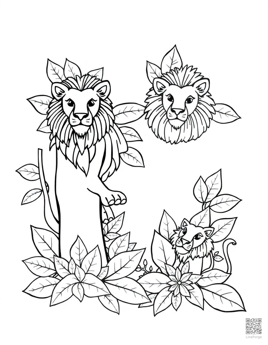 letter L decorated with lions and leaves coloring page Contour style - free printable