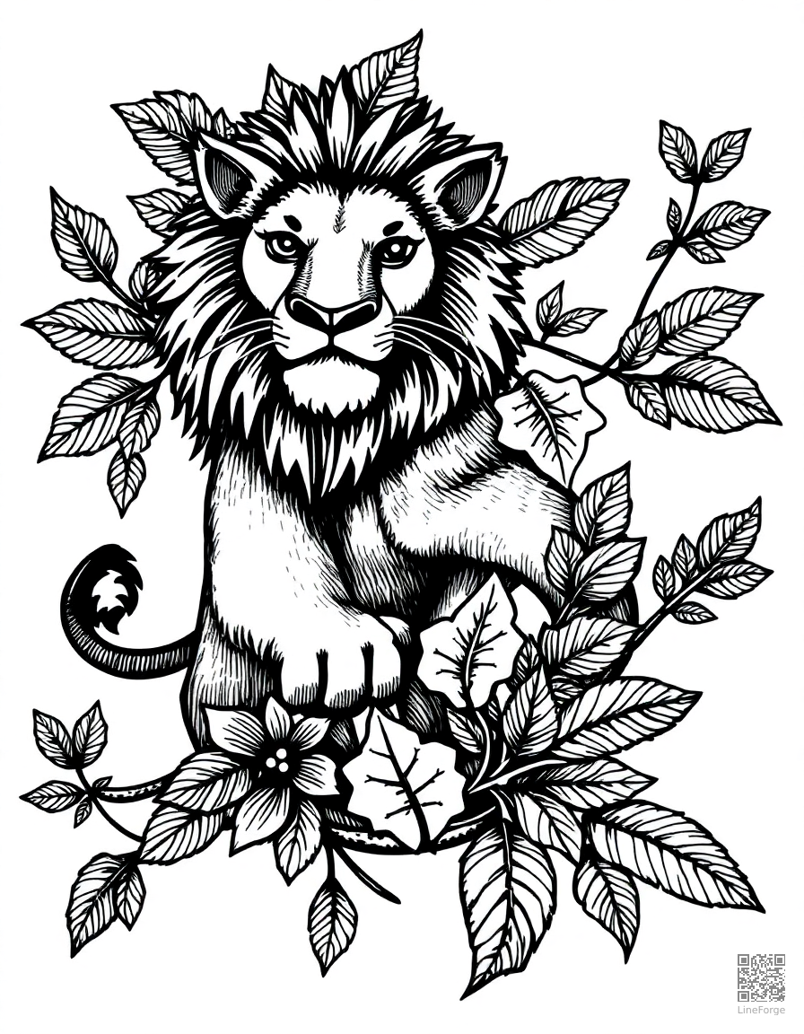 letter L decorated with lions and leaves coloring page Crosshatch style - free printable