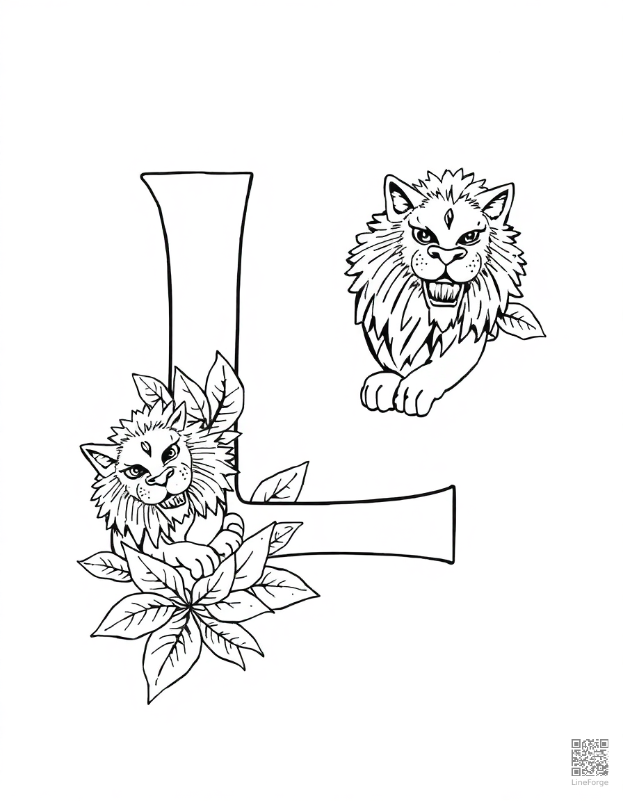letter L decorated with lions and leaves coloring page Manga style - free printable