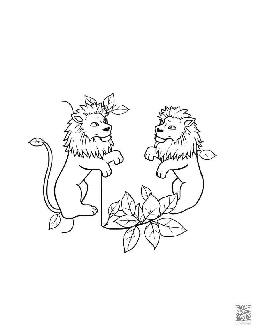 letter L decorated with lions and leaves coloring page Minimal style - free printable