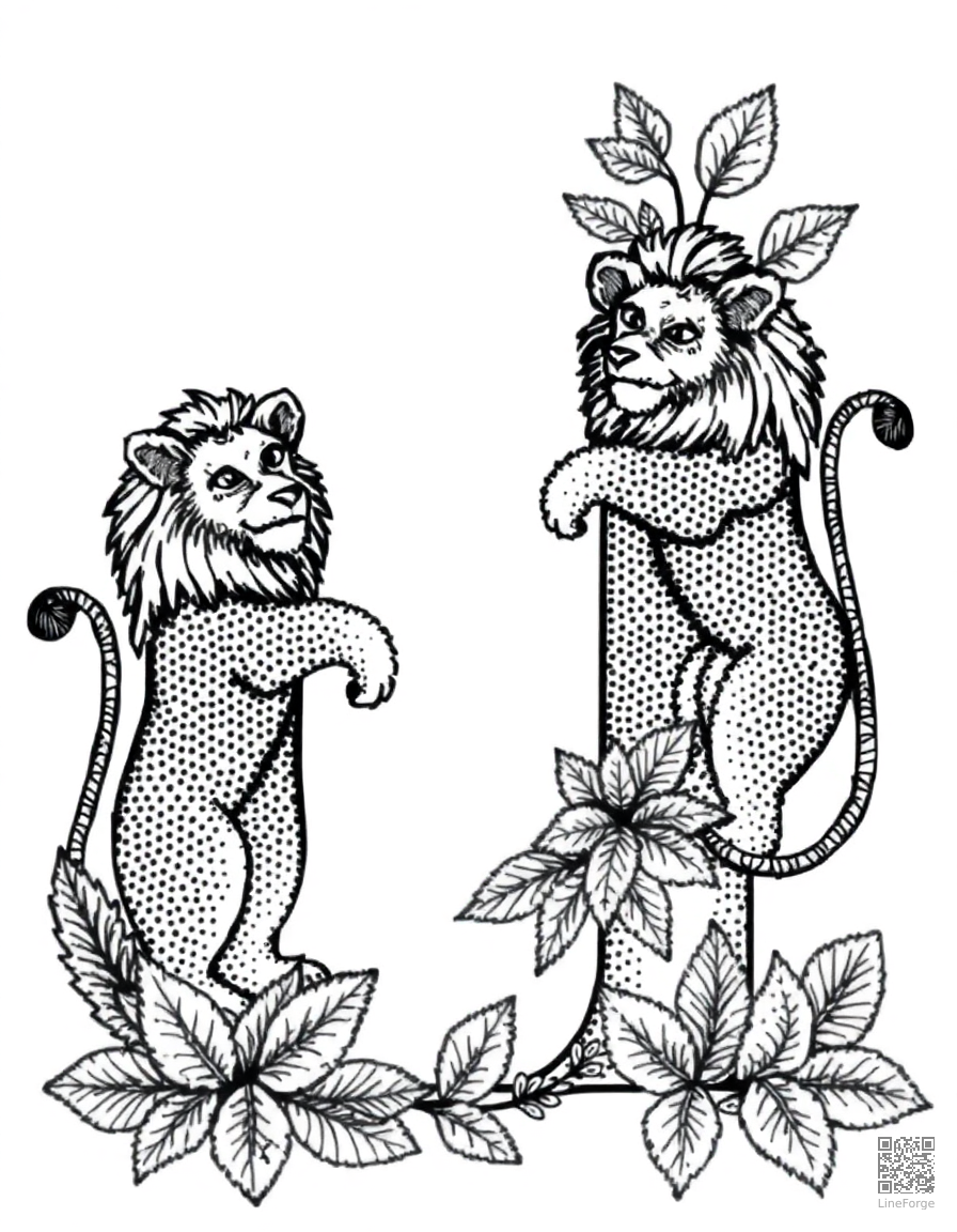 letter L decorated with lions and leaves coloring page Stipple style - free printable