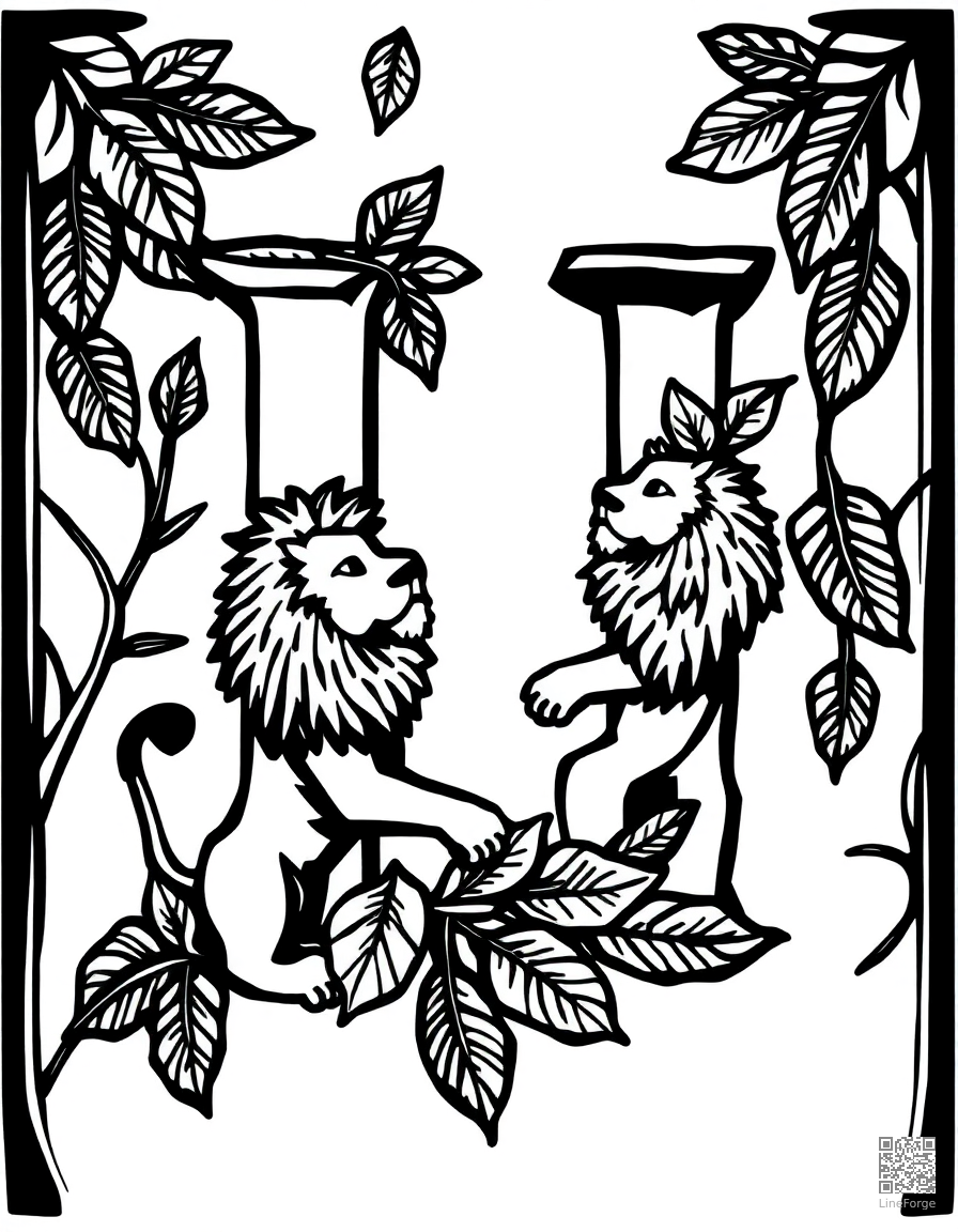 letter L decorated with lions and leaves coloring page Woodcut style - free printable