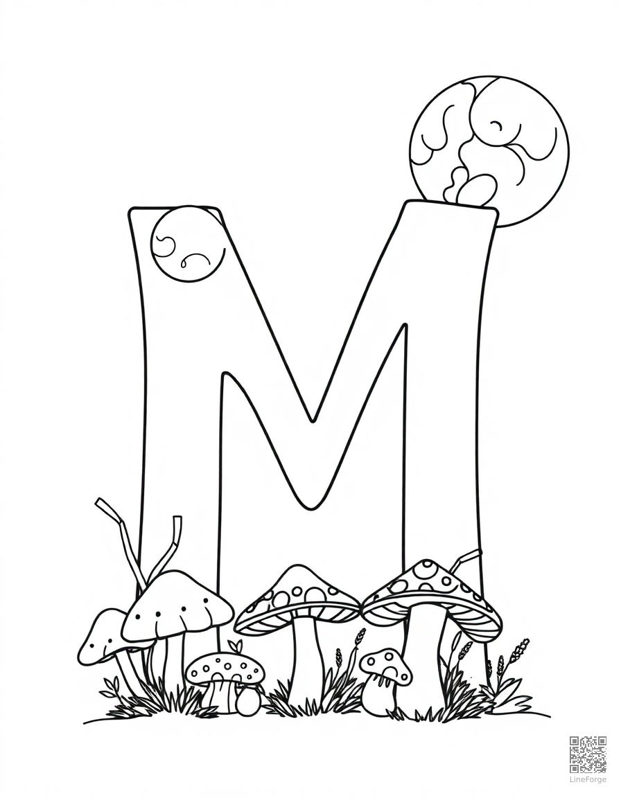 letter M decorated with moons and mushrooms coloring page Contour style - free printable