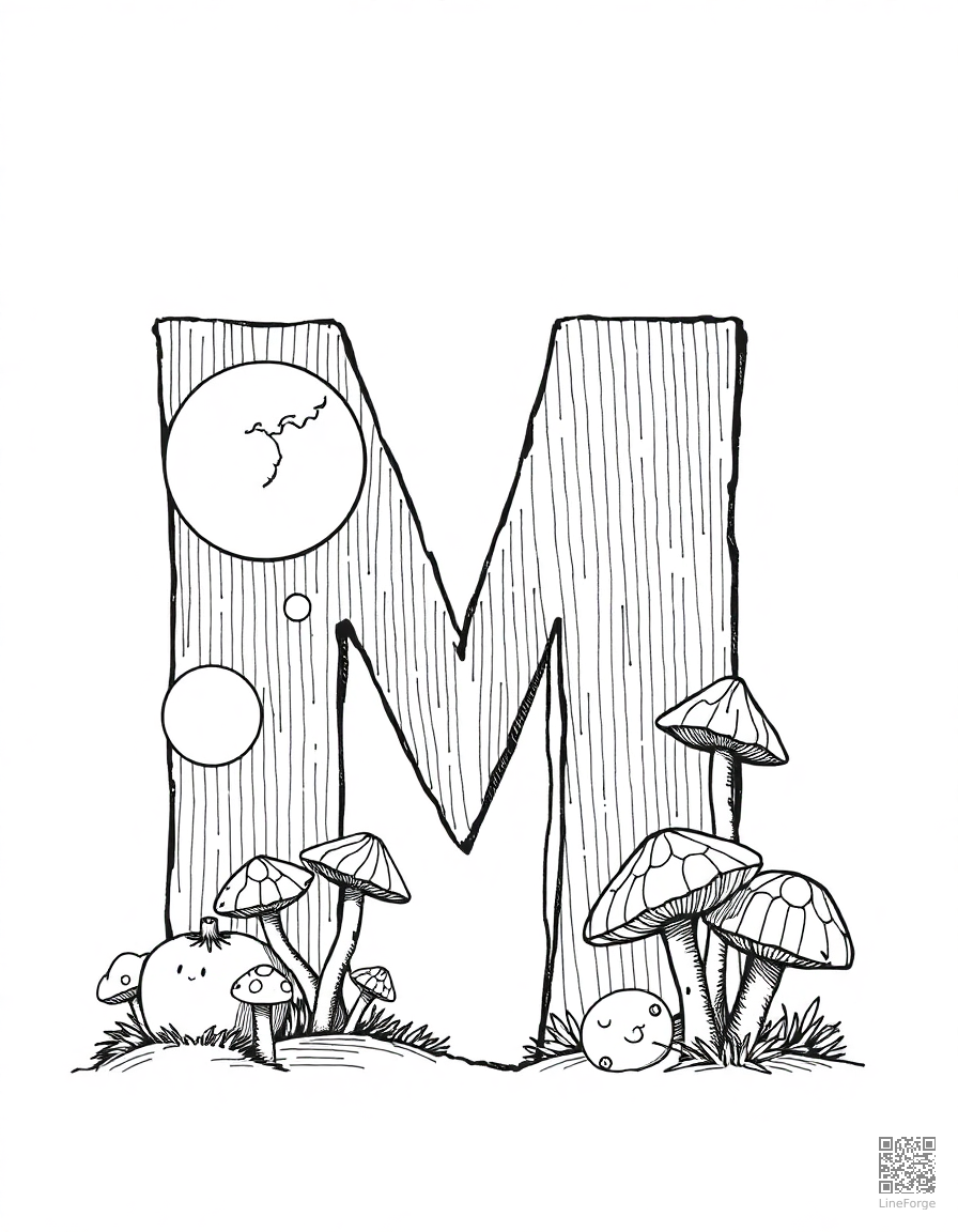 letter M decorated with moons and mushrooms coloring page Crosshatch style - free printable