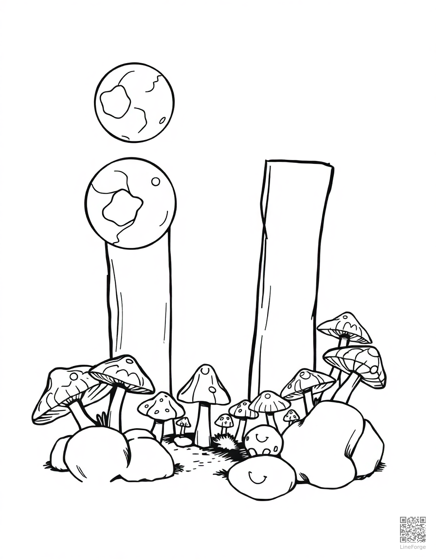 letter M decorated with moons and mushrooms coloring page Manga style - free printable