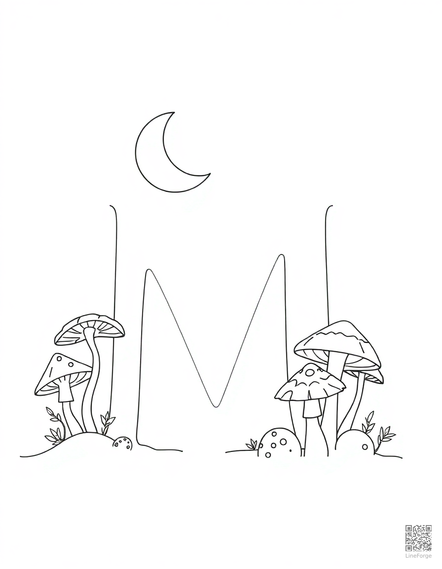 letter M decorated with moons and mushrooms coloring page Minimal style - free printable