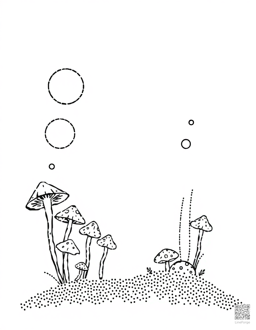 letter M decorated with moons and mushrooms coloring page Stipple style - free printable