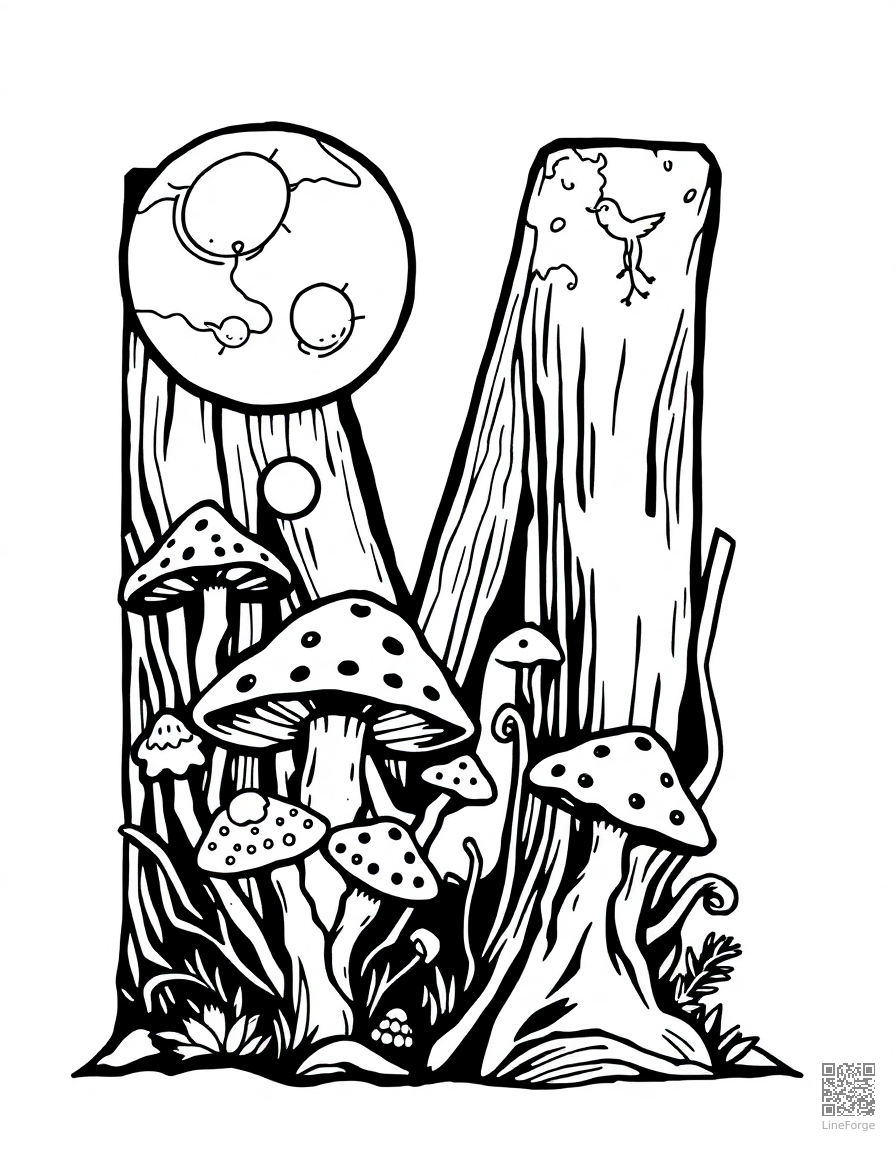 letter M decorated with moons and mushrooms coloring page Woodcut style - free printable