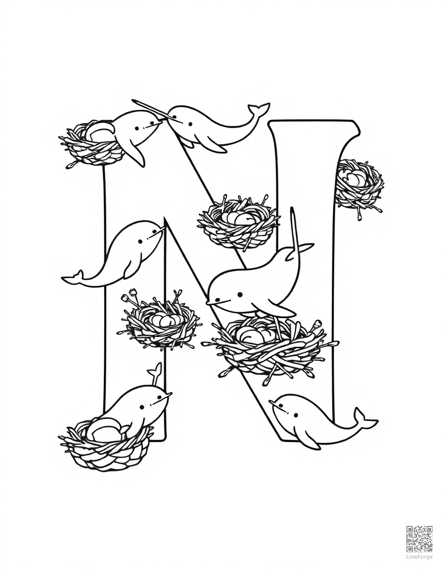 letter N decorated with narwhals and nests coloring page Contour style - free printable