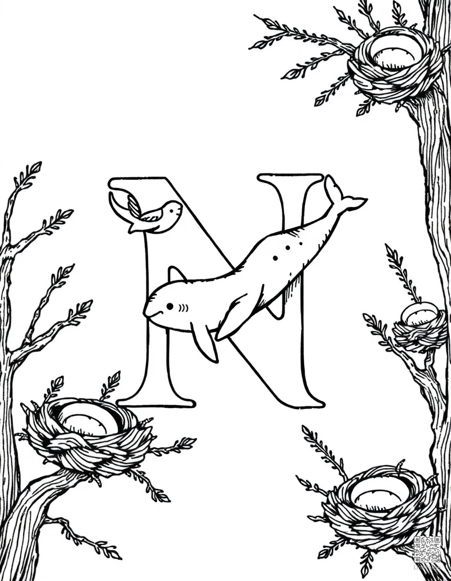 letter N decorated with narwhals and nests coloring page Crosshatch style - free printable