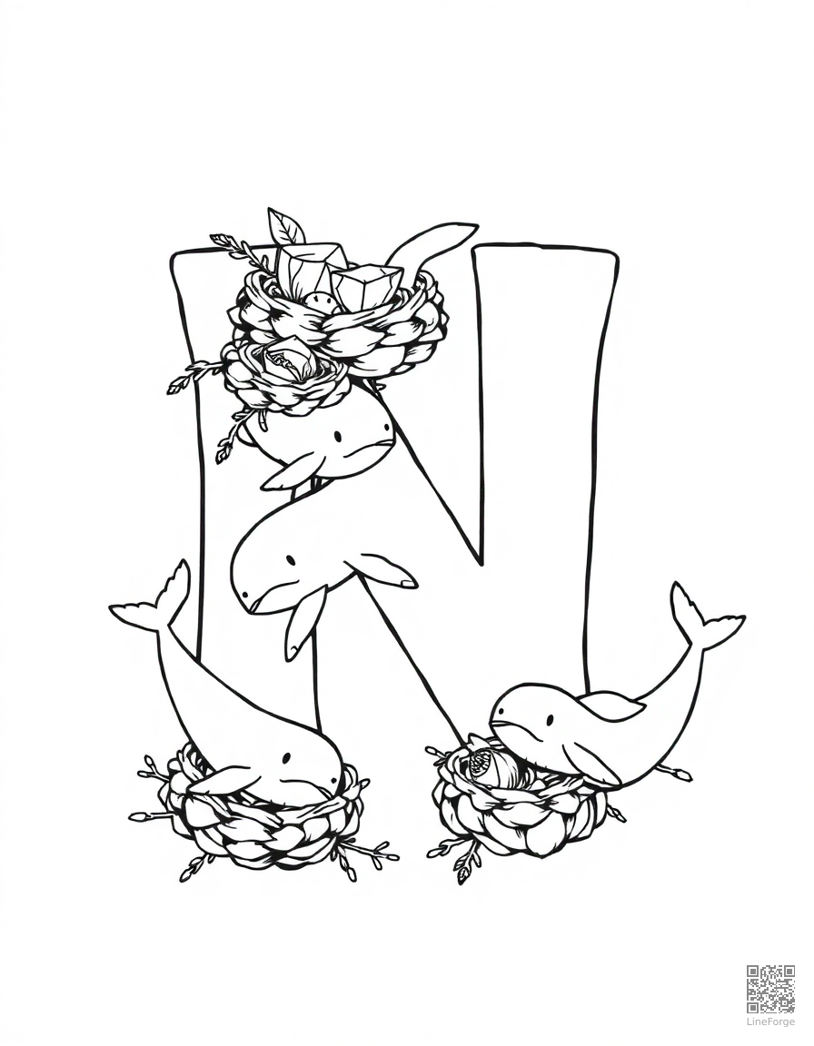 letter N decorated with narwhals and nests coloring page Manga style - free printable