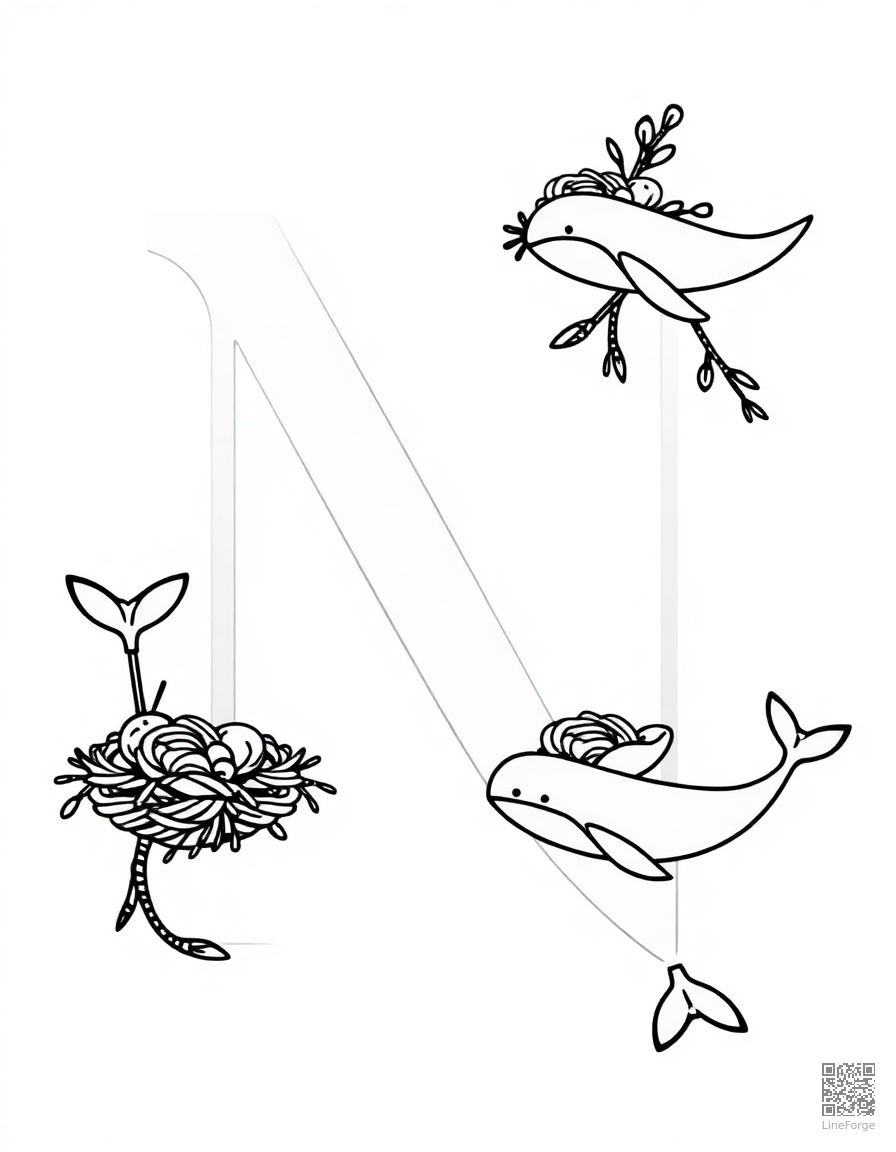 letter N decorated with narwhals and nests coloring page Minimal style - free printable