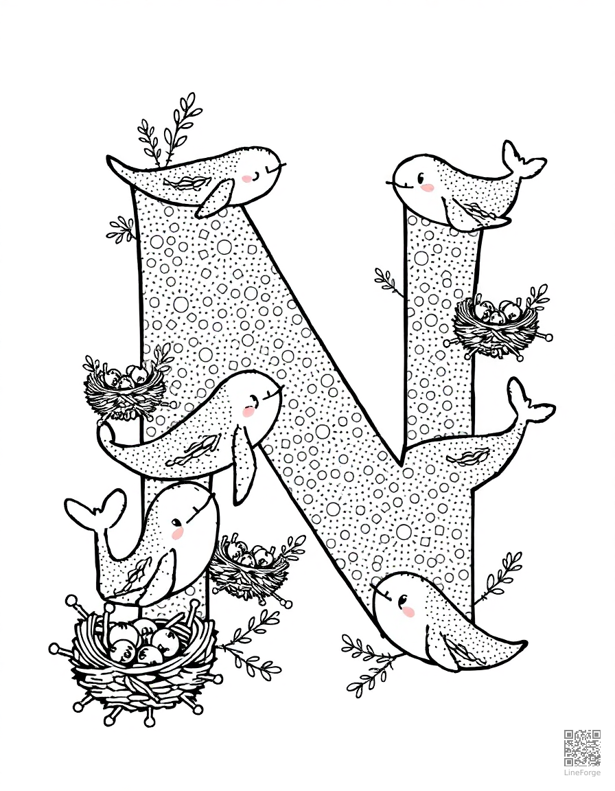 letter N decorated with narwhals and nests coloring page Stipple style - free printable