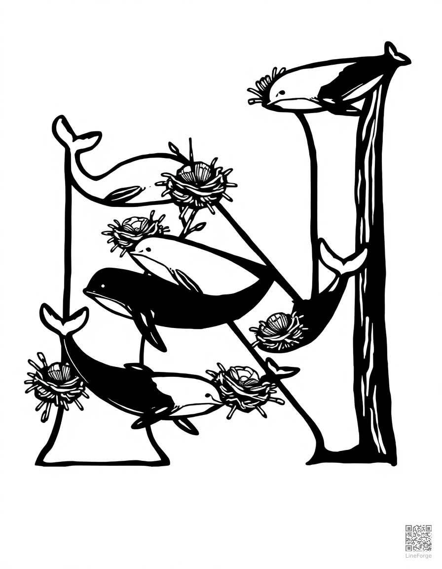 letter N decorated with narwhals and nests coloring page Woodcut style - free printable