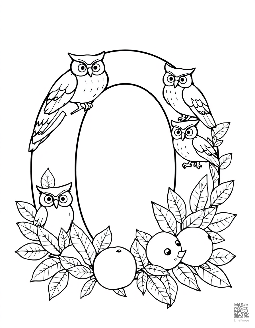 letter O decorated with owls and oranges coloring page Contour style - free printable