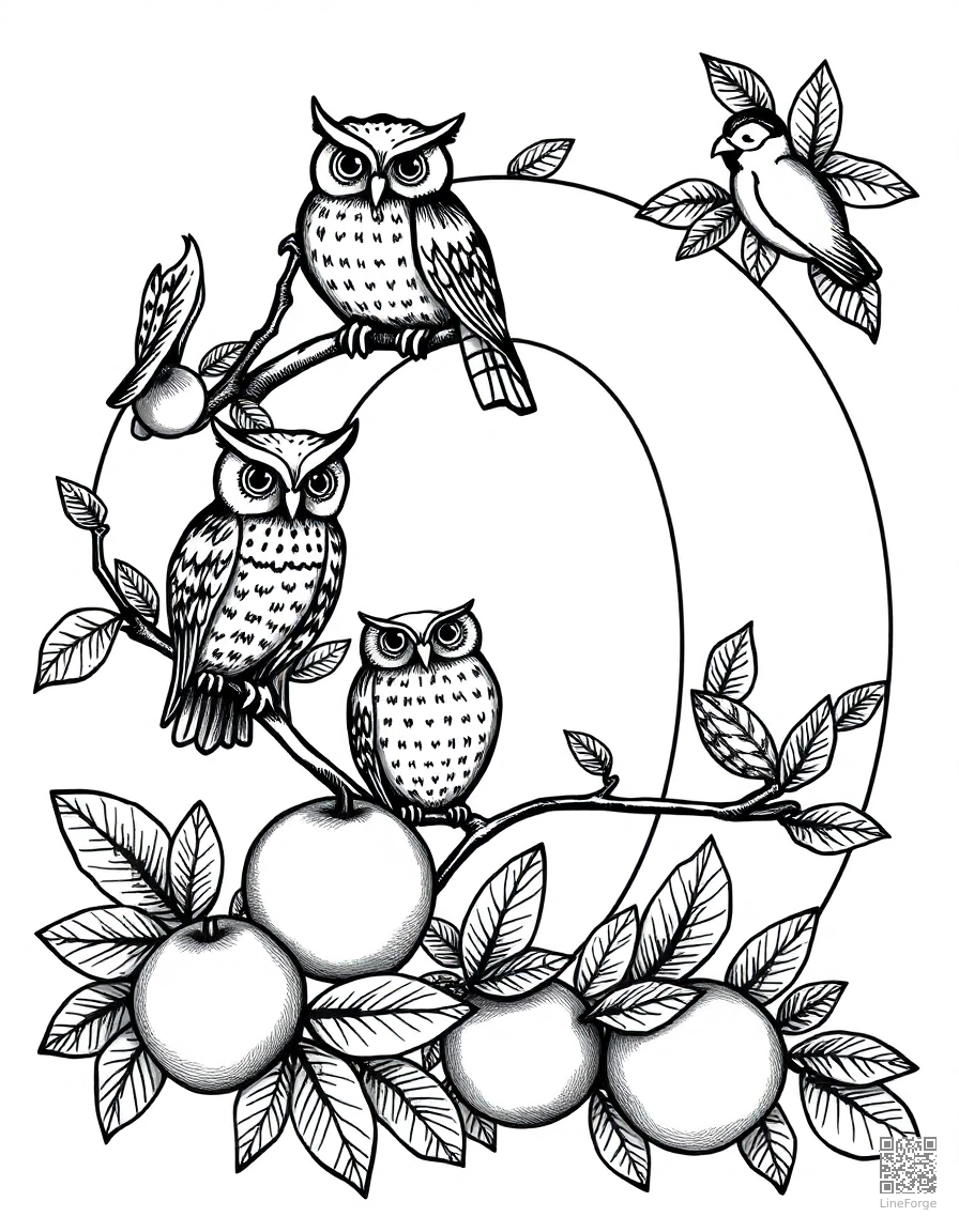 letter O decorated with owls and oranges coloring page Crosshatch style - free printable