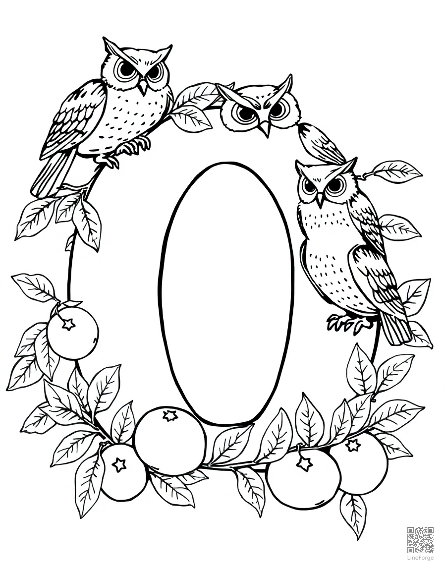 letter O decorated with owls and oranges coloring page Manga style - free printable