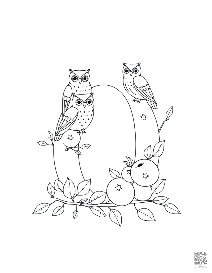 letter O decorated with owls and oranges coloring page Minimal style - free printable