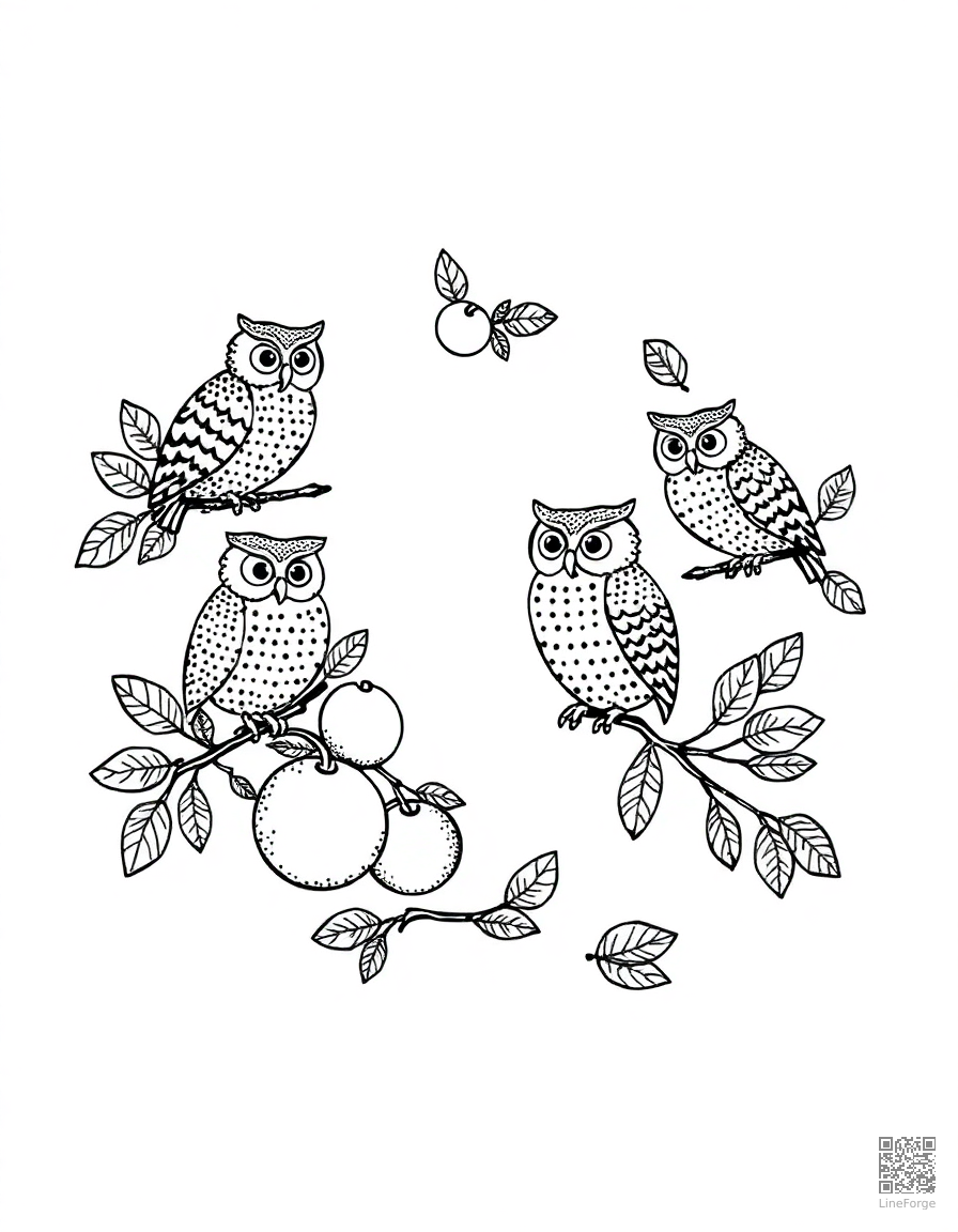 letter O decorated with owls and oranges coloring page Stipple style - free printable