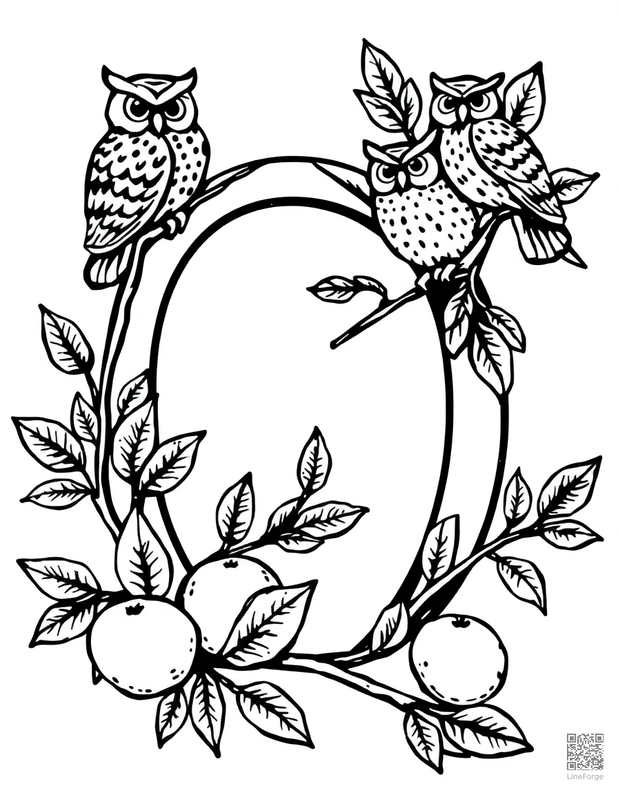 letter O decorated with owls and oranges coloring page Woodcut style - free printable