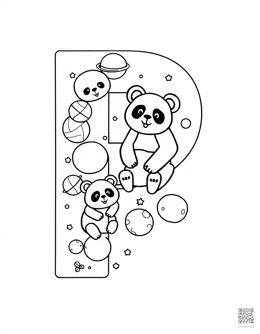 letter P decorated with pandas and planets coloring page Contour style - free printable