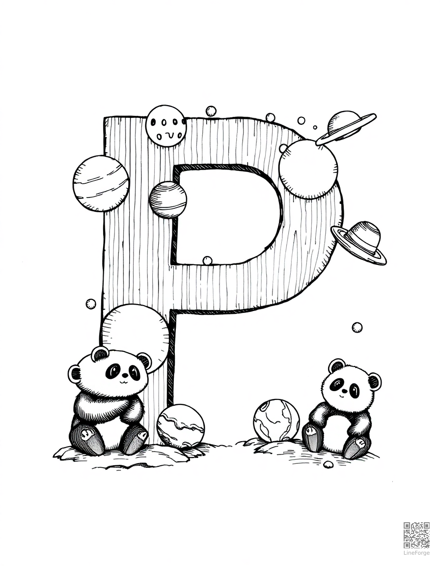 letter P decorated with pandas and planets coloring page Crosshatch style - free printable