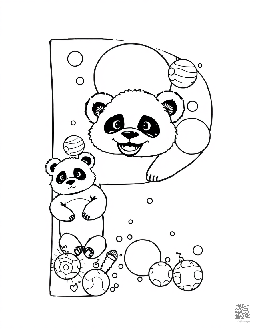 letter P decorated with pandas and planets coloring page Manga style - free printable