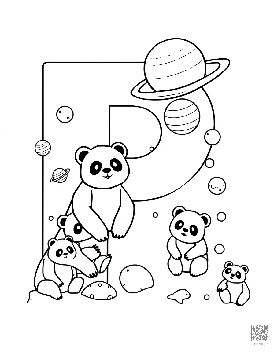 letter P decorated with pandas and planets coloring page Minimal style - free printable