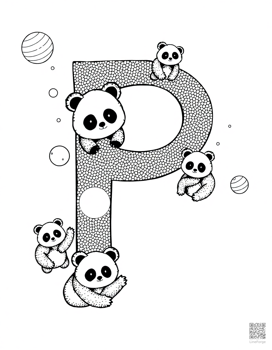 letter P decorated with pandas and planets coloring page Stipple style - free printable
