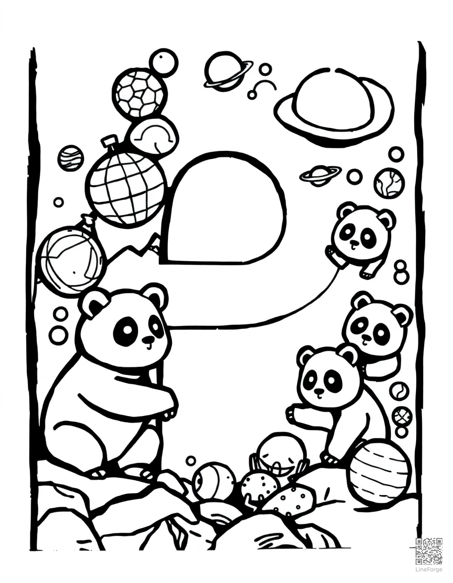 letter P decorated with pandas and planets coloring page Woodcut style - free printable