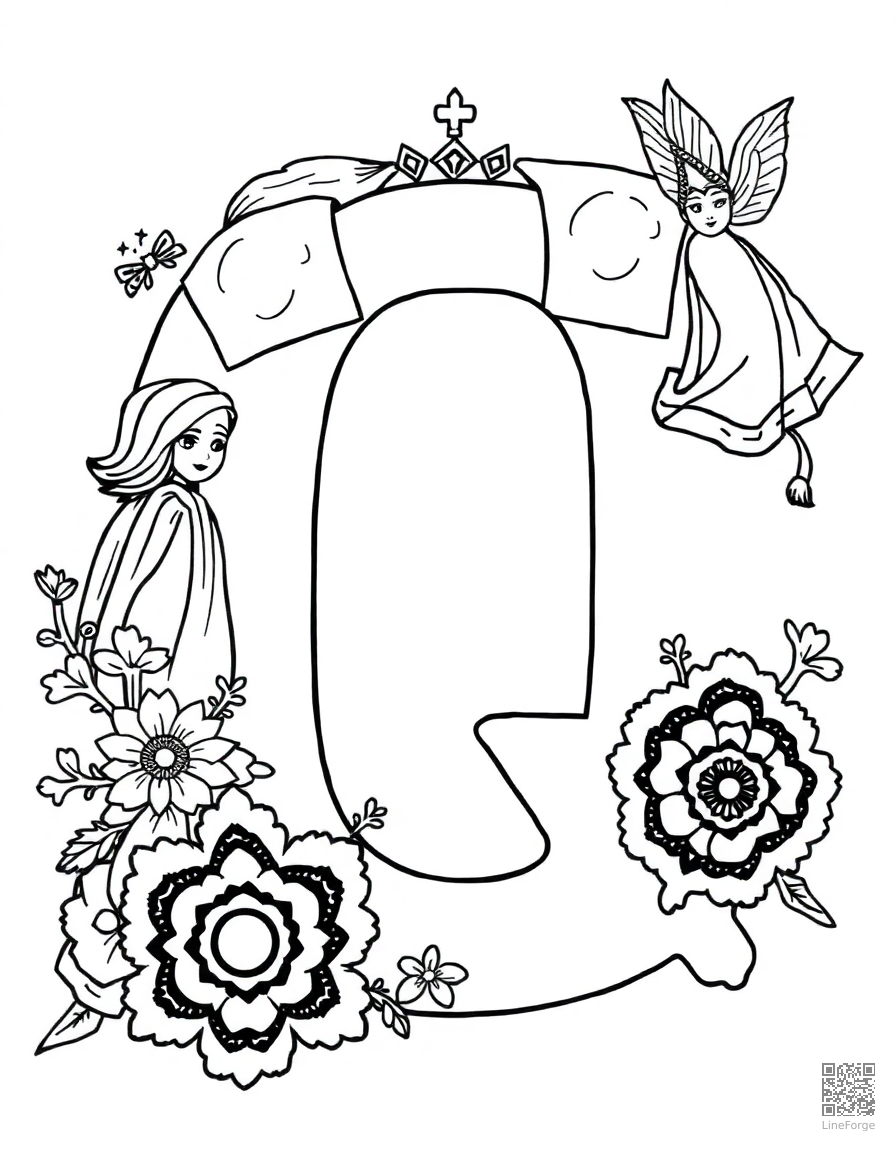letter Q decorated with queens and quilts coloring page Manga style - free printable