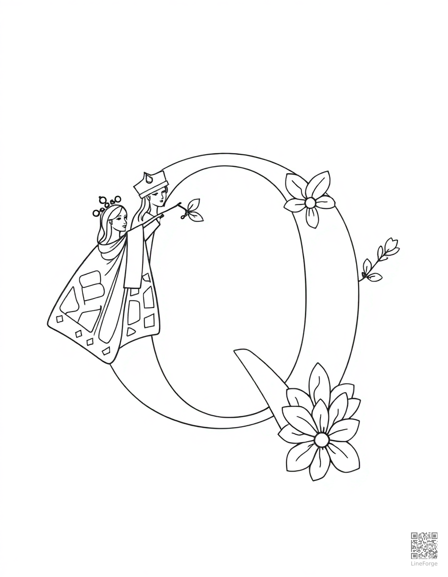 letter Q decorated with queens and quilts coloring page Minimal style - free printable