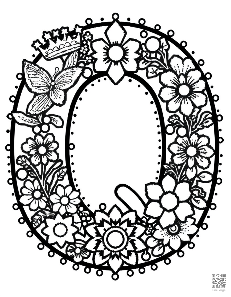 letter Q decorated with queens and quilts coloring page Stipple style - free printable