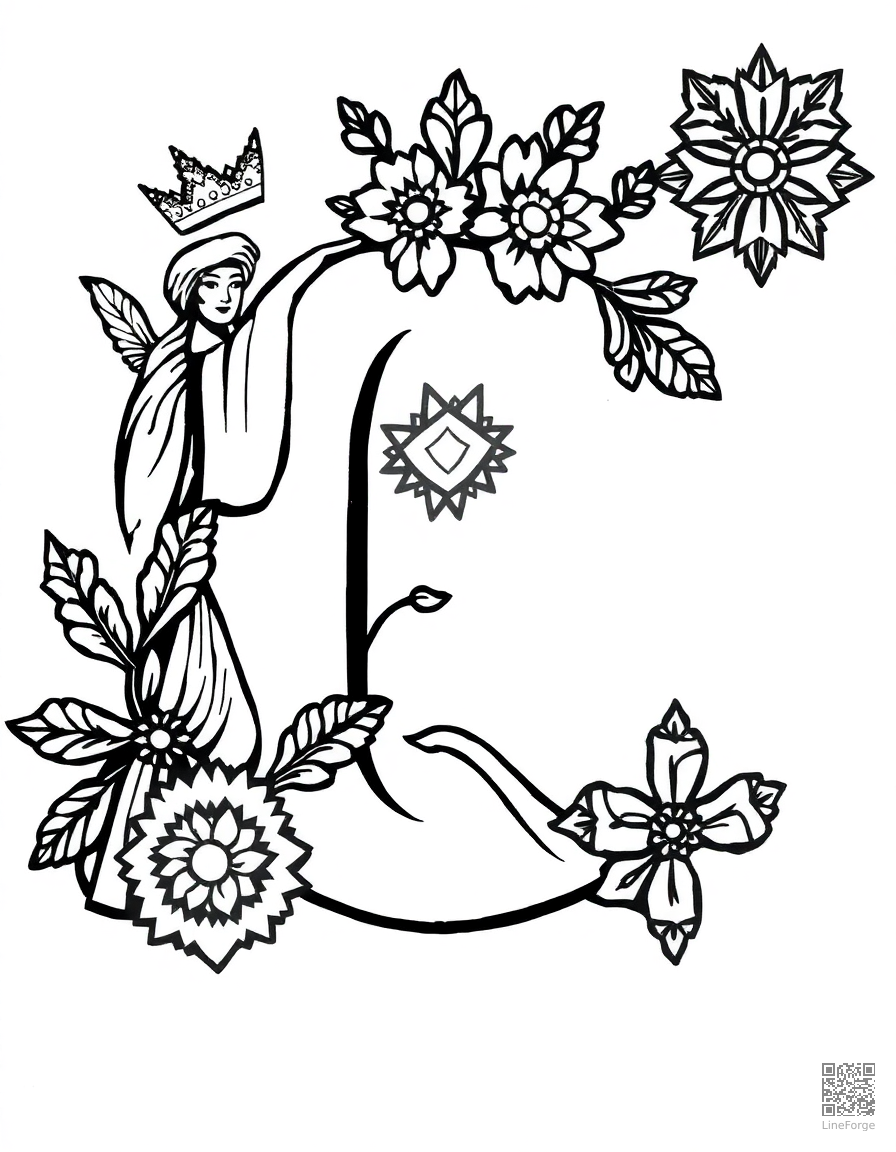 letter Q decorated with queens and quilts coloring page Woodcut style - free printable