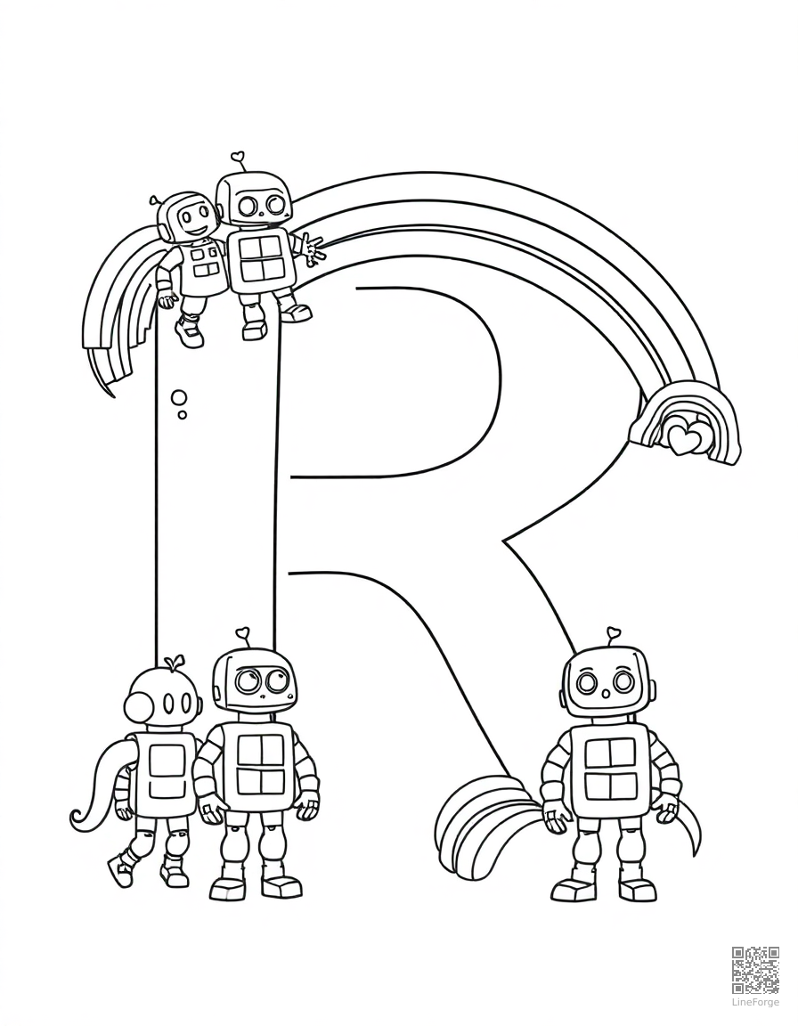 letter R decorated with robots and rainbows coloring page Contour style - free printable