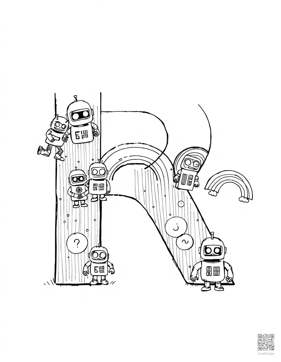letter R decorated with robots and rainbows coloring page Crosshatch style - free printable