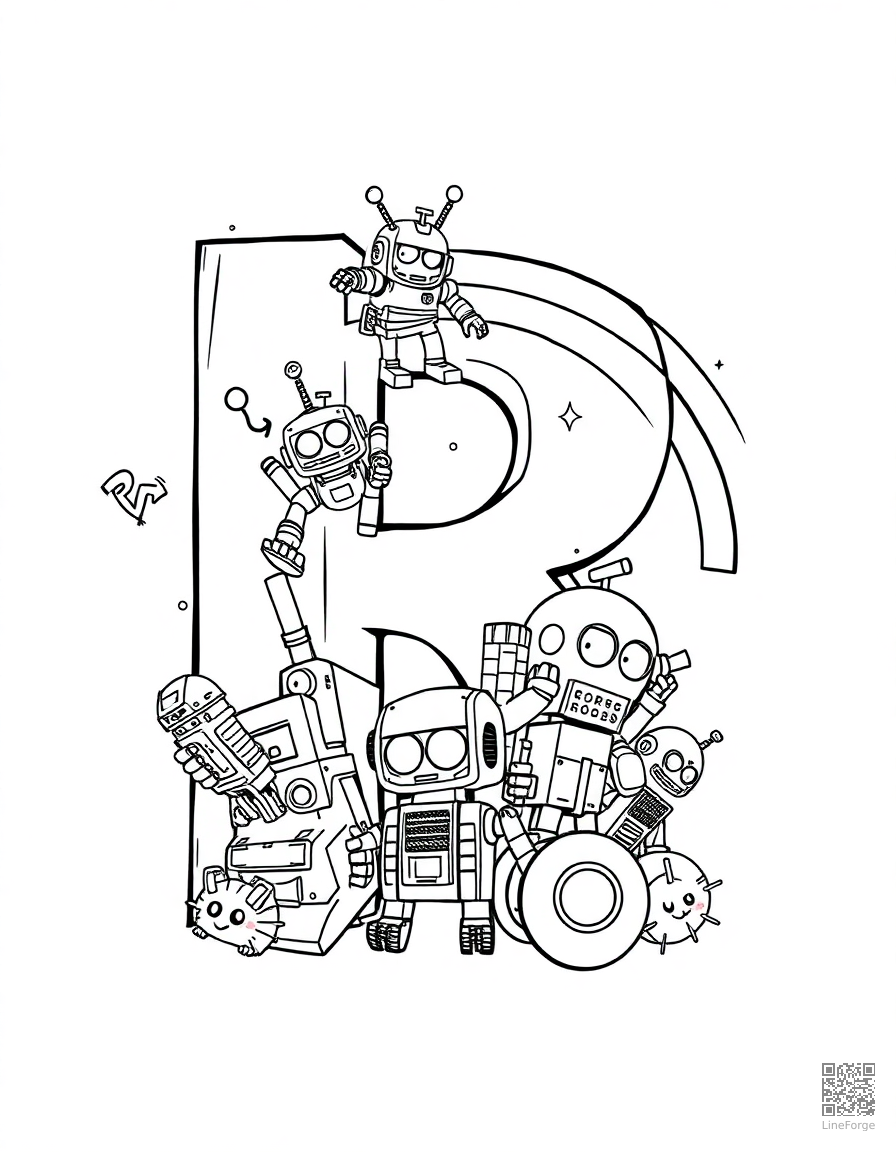 letter R decorated with robots and rainbows coloring page Manga style - free printable