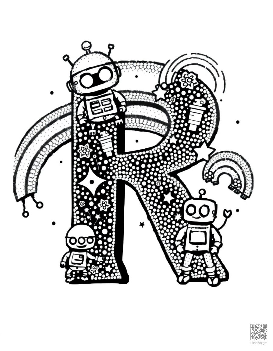 letter R decorated with robots and rainbows coloring page Stipple style - free printable
