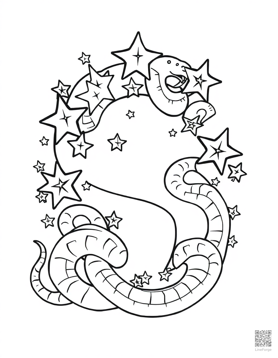letter S decorated with stars and snakes coloring page Contour style - free printable